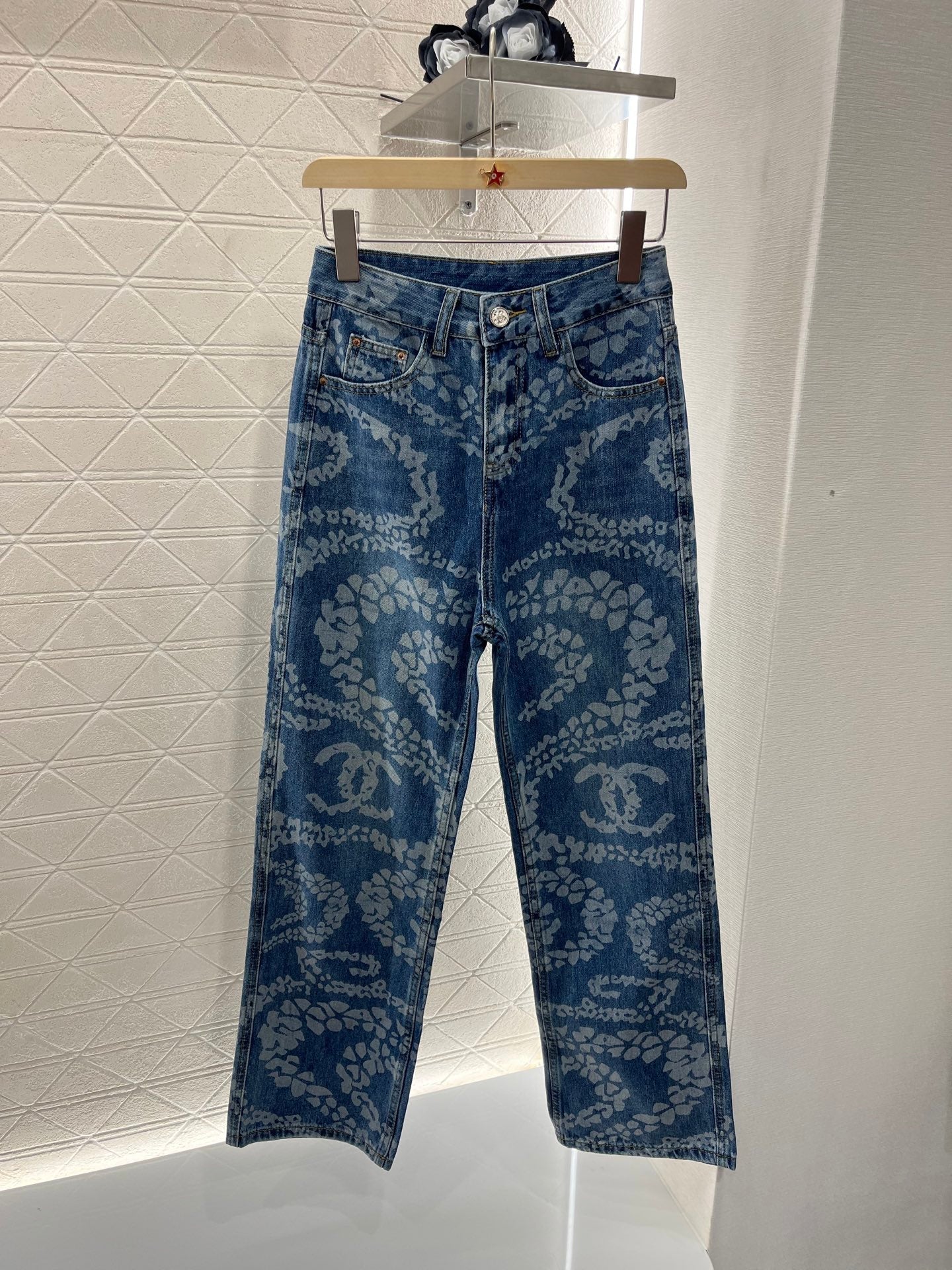 Laser denim straight leg pants