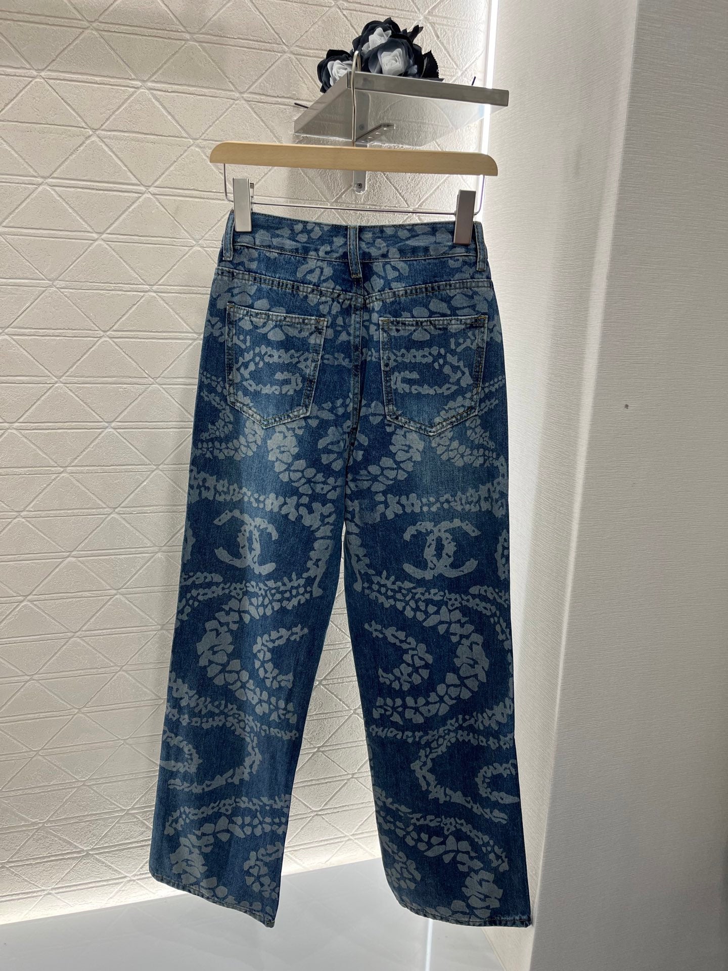 Laser denim straight leg pants