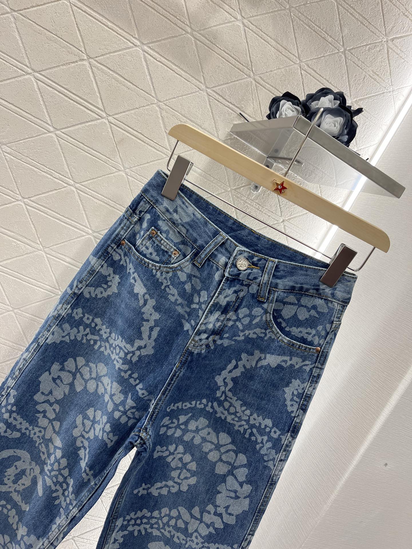 Laser denim straight leg pants