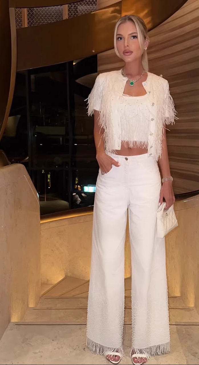 25 spring and summer new Beaded fringe denim wide-leg pants