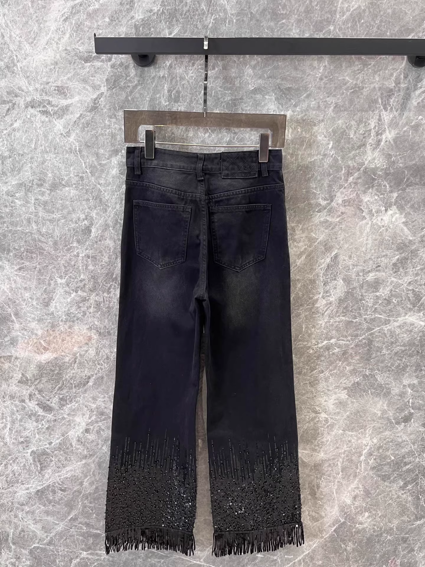25 spring and summer new Beaded fringe denim wide-leg pants