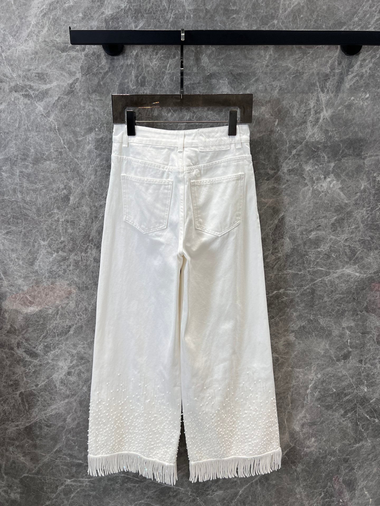 25 spring and summer new Beaded fringe denim wide-leg pants