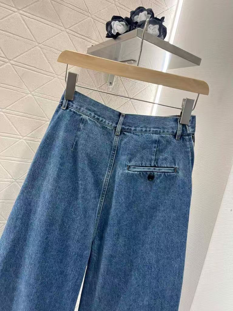 25ss Leather label pleated fashionable denim pants