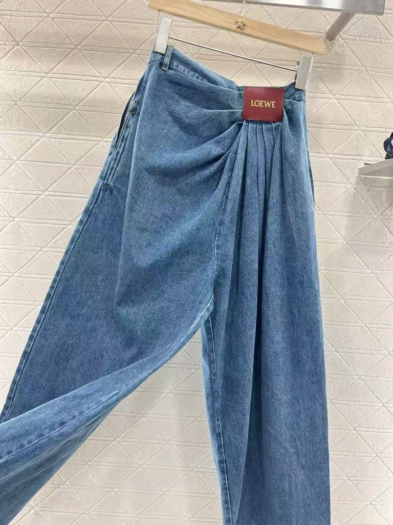25ss Leather label pleated fashionable denim pants