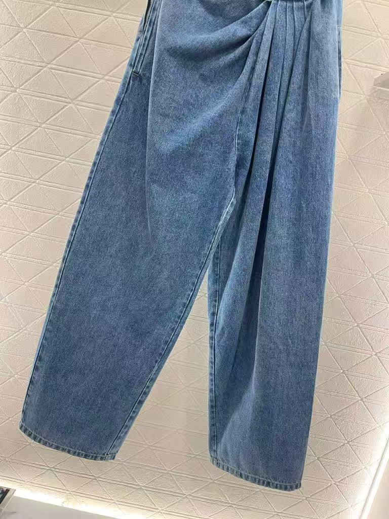 25ss Leather label pleated fashionable denim pants