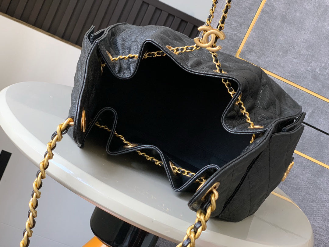 Hobo bag series drawstring bucket bag black gold caviar