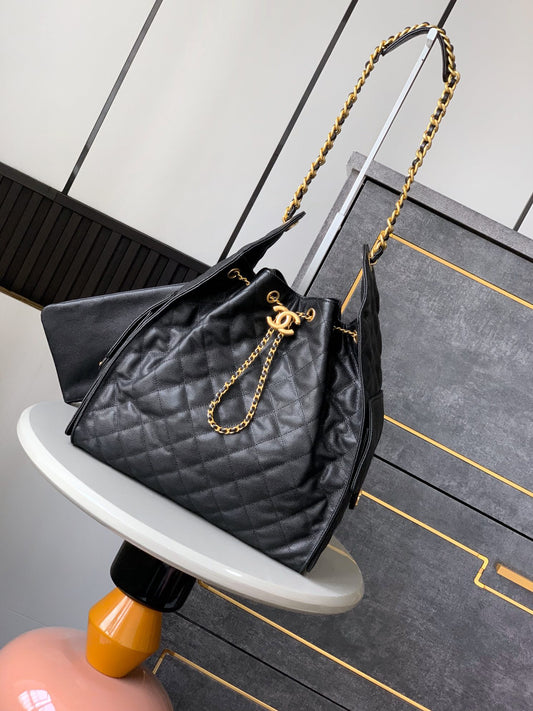 Hobo bag series drawstring bucket bag black gold caviar