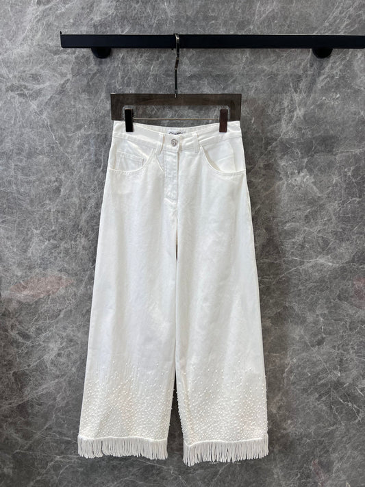 25 spring and summer new Beaded fringe denim wide-leg pants