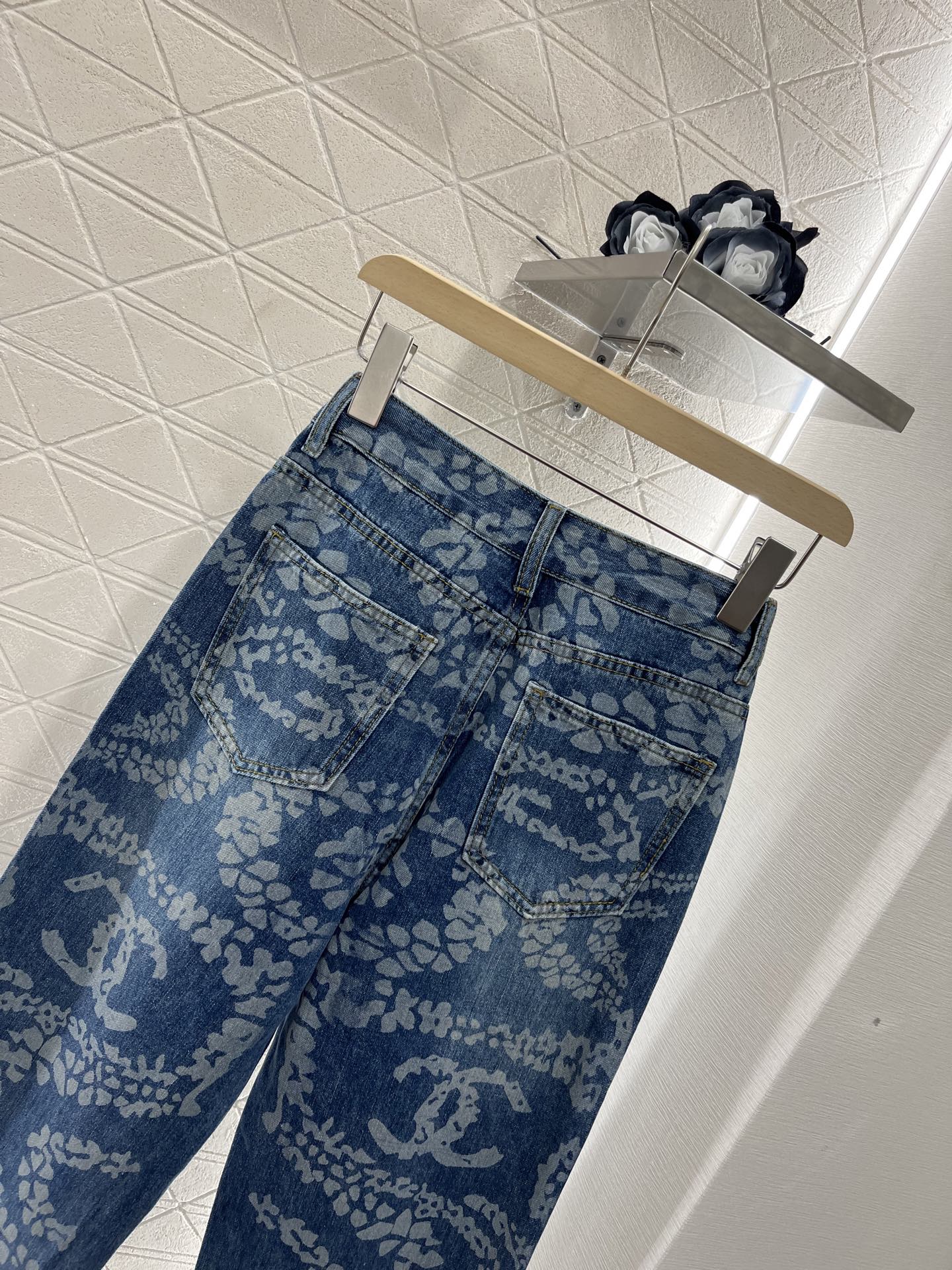 Laser denim straight leg pants
