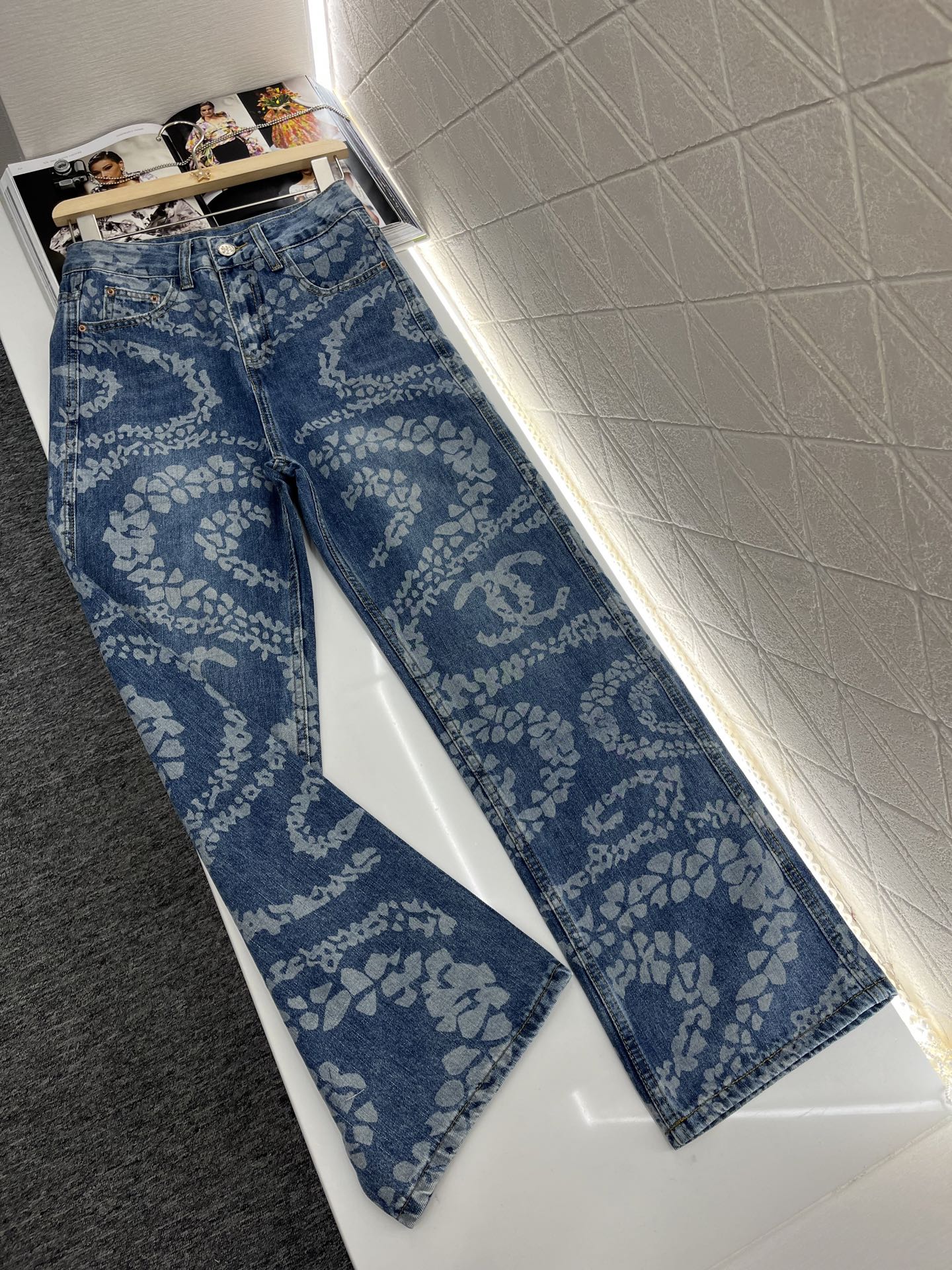 Laser denim straight leg pants