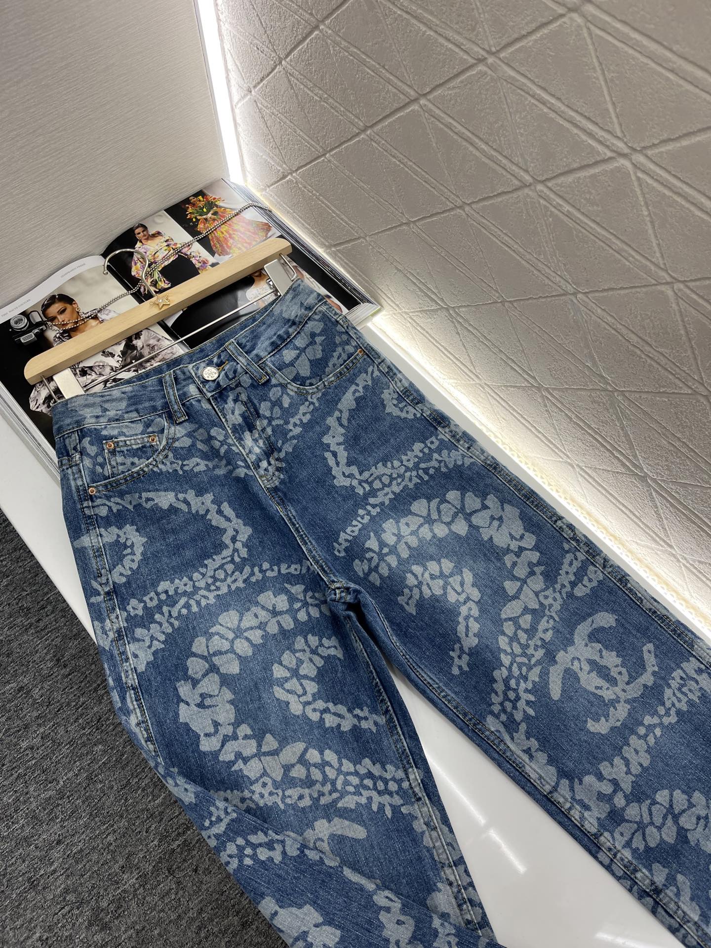 Laser denim straight leg pants