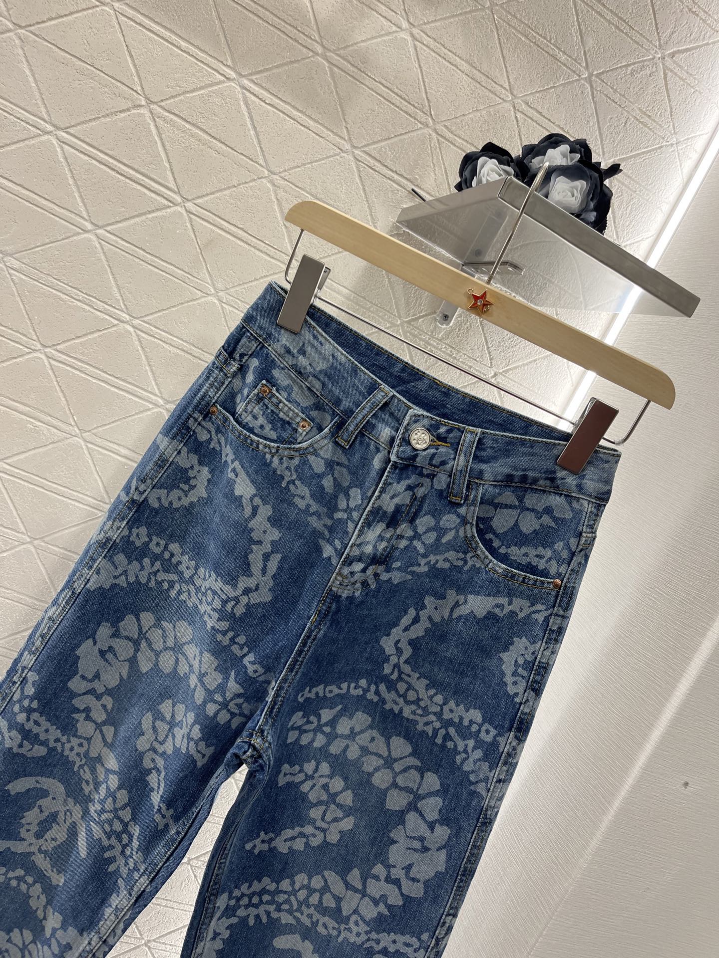 Laser denim straight leg pants