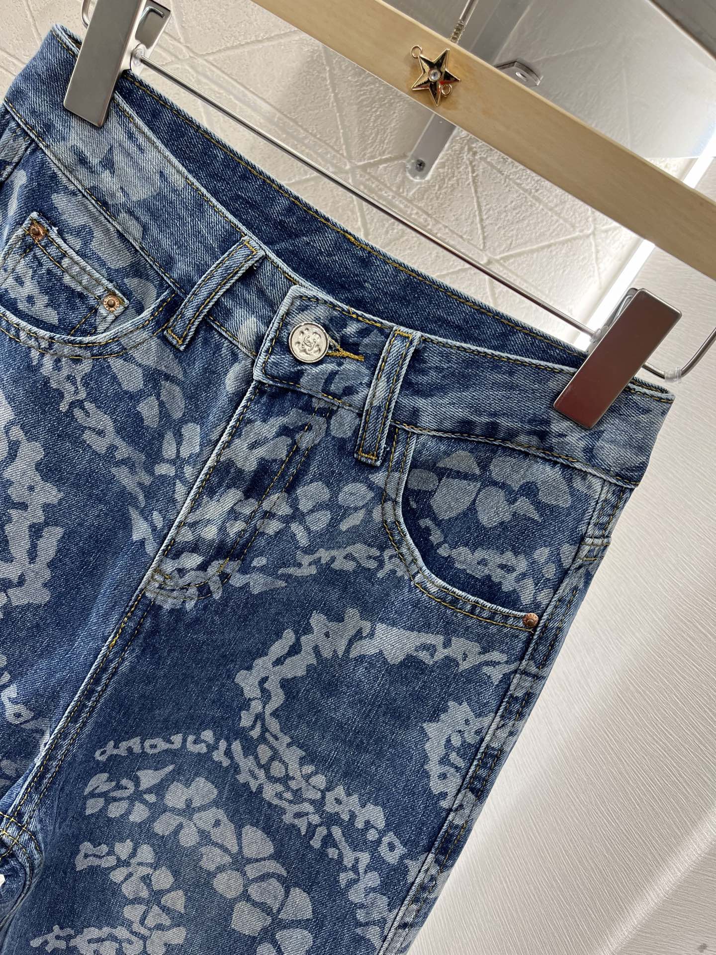Laser denim straight leg pants