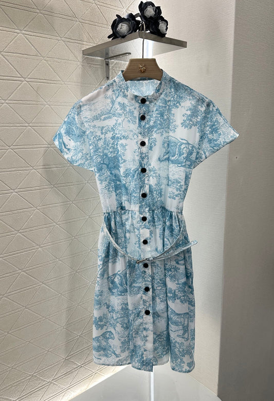 Flip collar short sleeved printed dress
