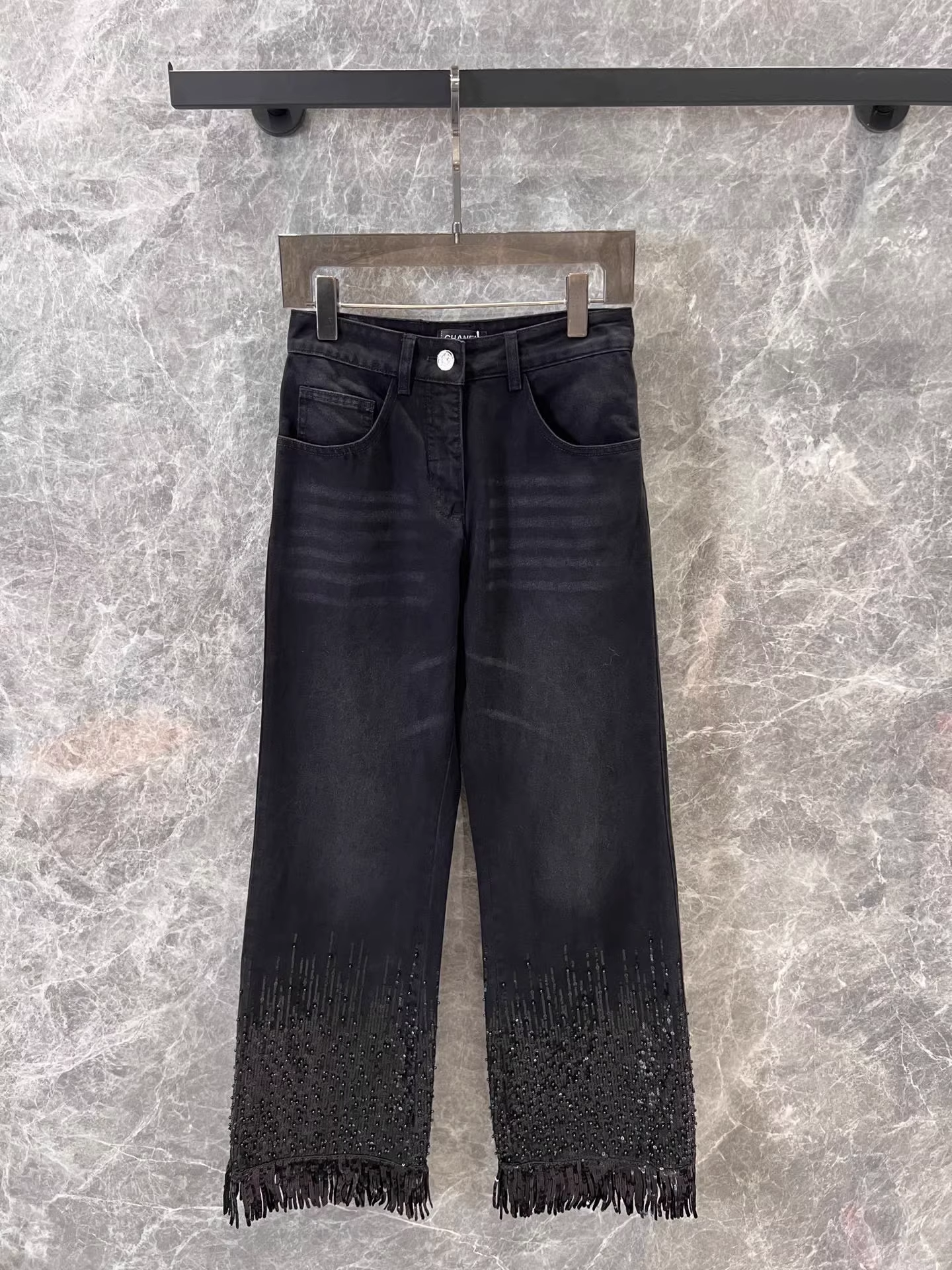 25 spring and summer new Beaded fringe denim wide-leg pants