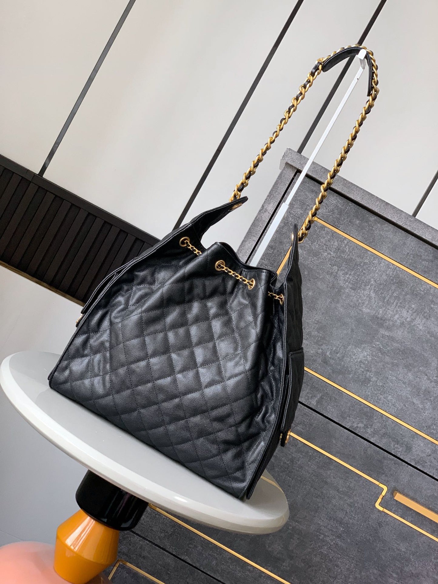 Hobo bag series drawstring bucket bag black gold caviar