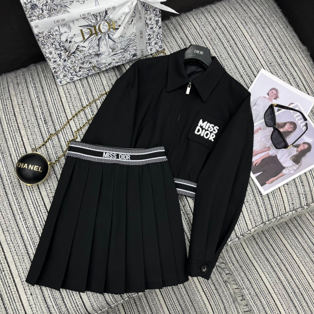 Lapel short jacket with letter web elastic waist pleated skirt suit