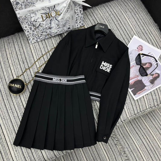 Lapel short jacket with letter web elastic waist pleated skirt suit