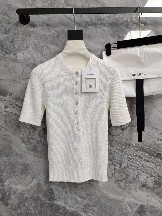 C 25 Crew neck logo button down short sleeve knit half cardigan