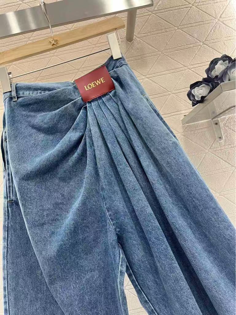 25ss Leather label pleated fashionable denim pants