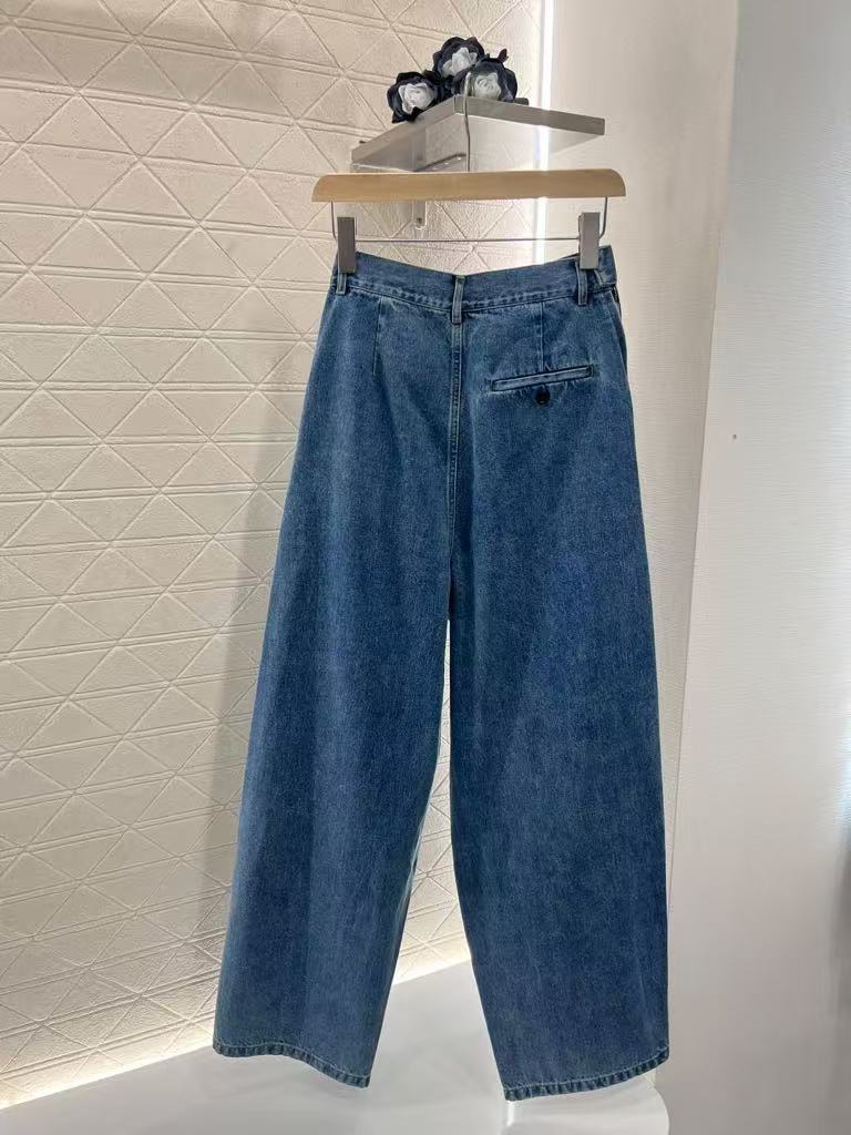 25ss Leather label pleated fashionable denim pants