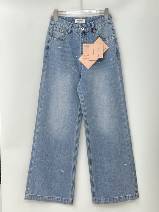 Front rhinestone straight leg wide leg pants
