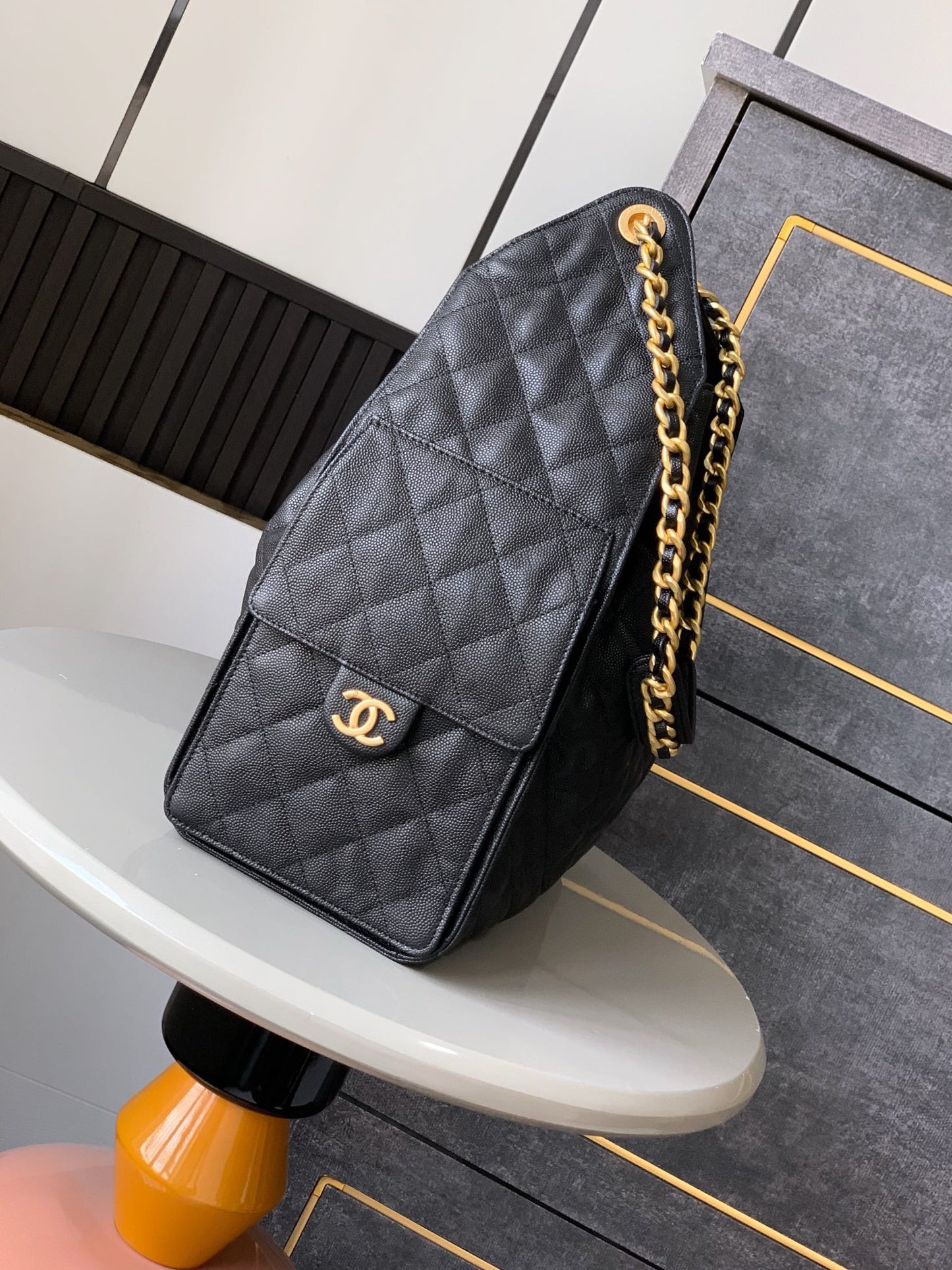 Hobo bag series drawstring bucket bag black gold caviar