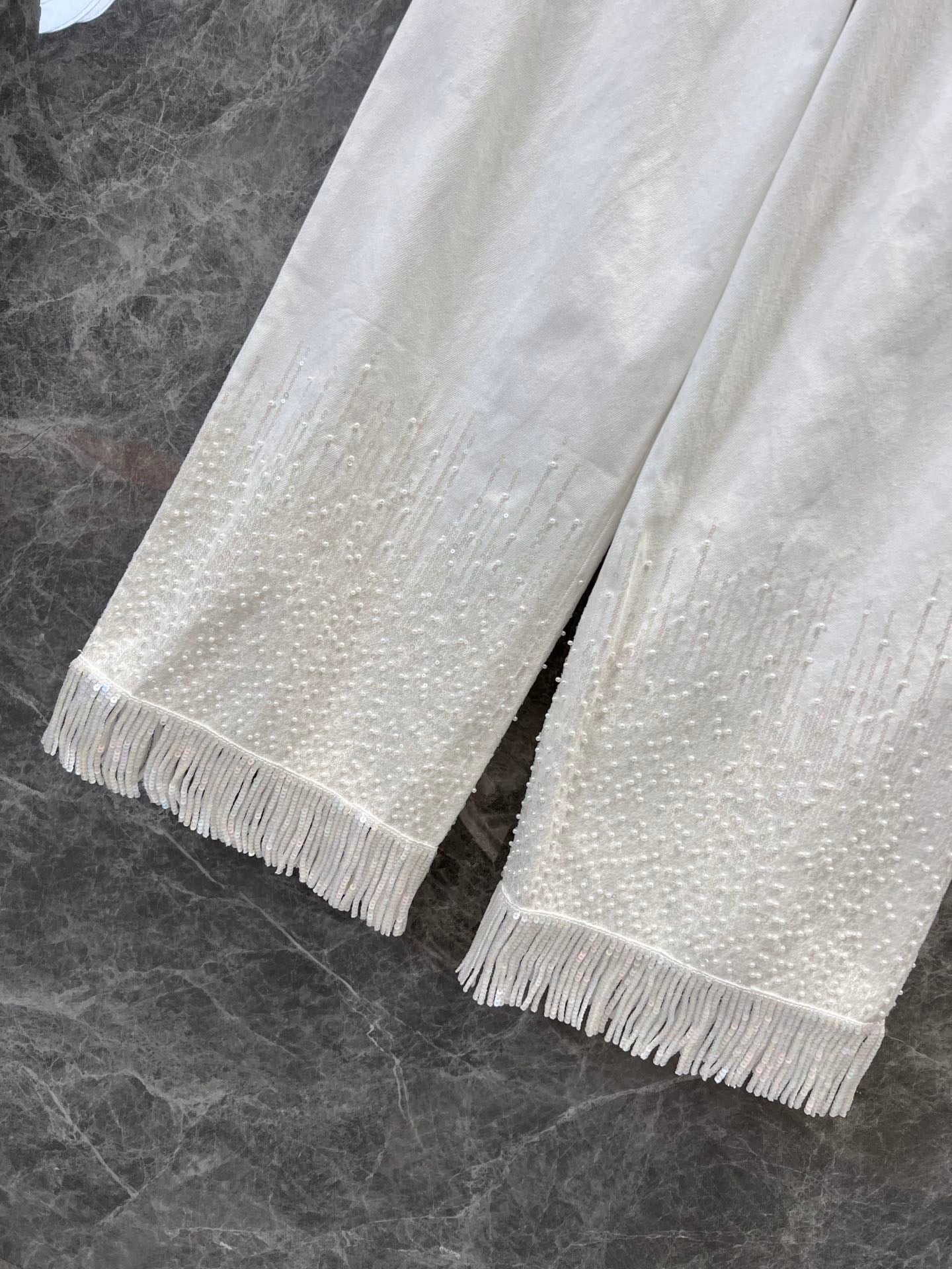 25 spring and summer new Beaded fringe denim wide-leg pants